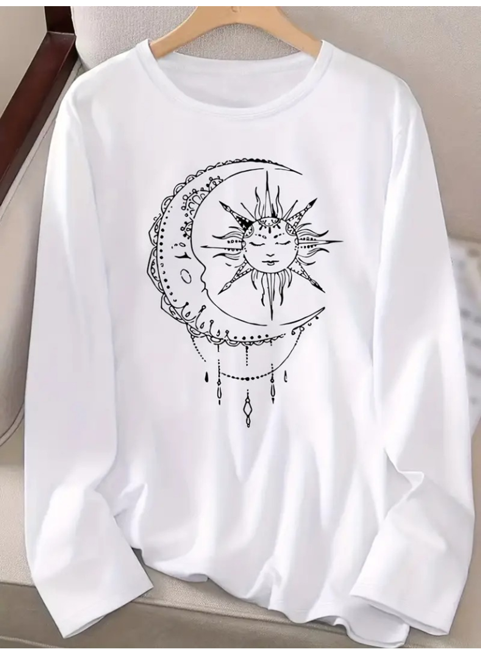 Kadın Uzun Kollu Bisiklet Yaka Ay Baskılı Viskon Bluz