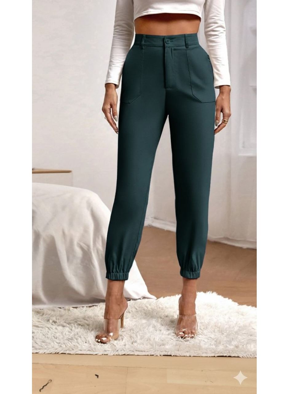 Kadın Yüksek Bel Cepli Paçası Lastikli Ithal Krep Pantolon
