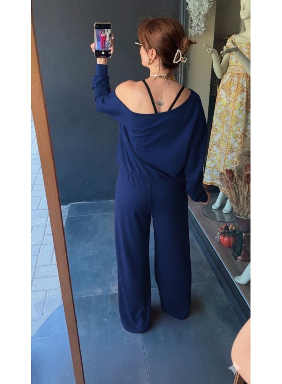 Kadın Uzun Kollu Tek Omuzdan Açık Viskon Iki Iplik Bluz Ve Pantolon Ikili Takım