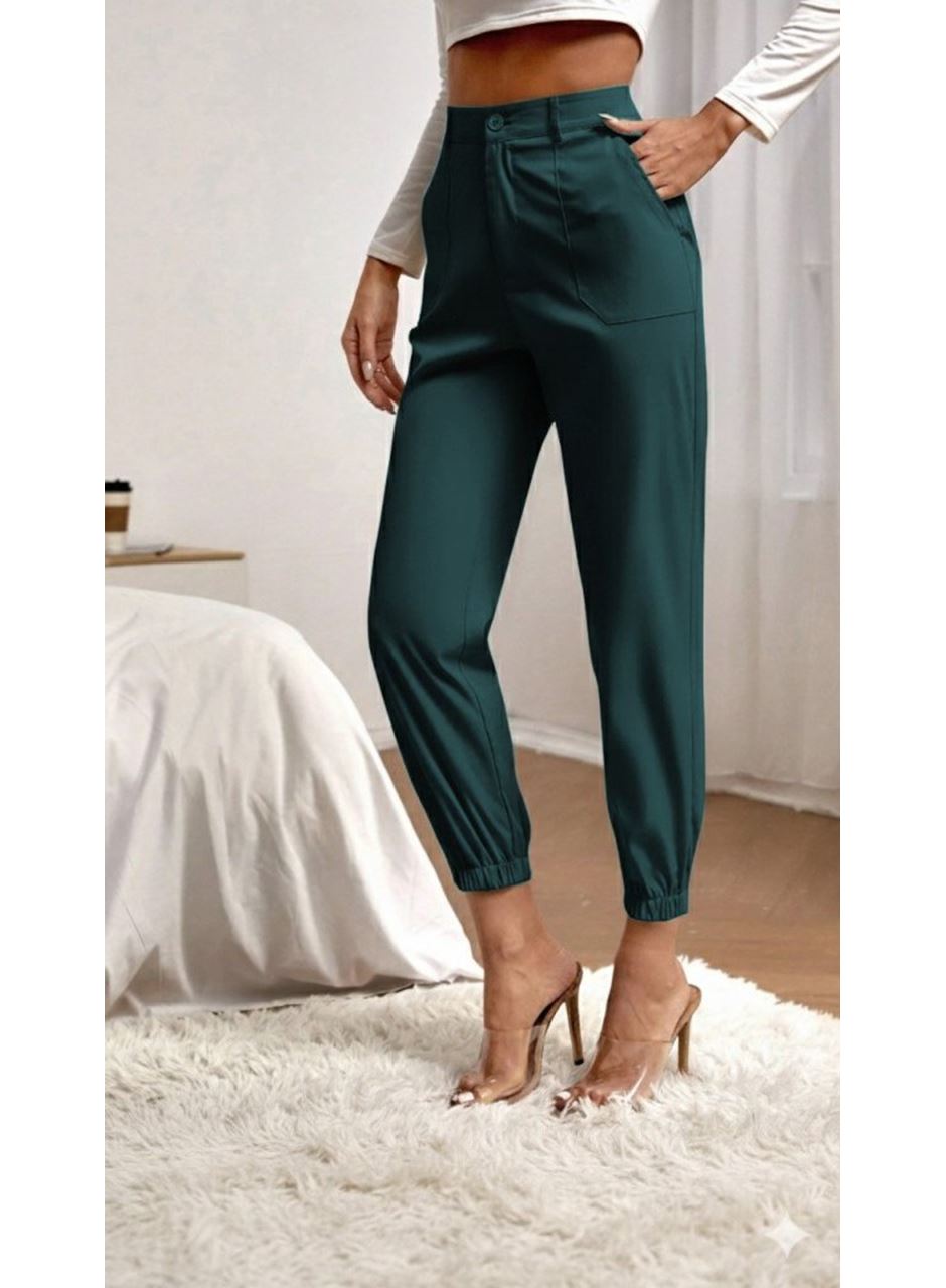 Kadın Yüksek Bel Cepli Paçası Lastikli Ithal Krep Pantolon