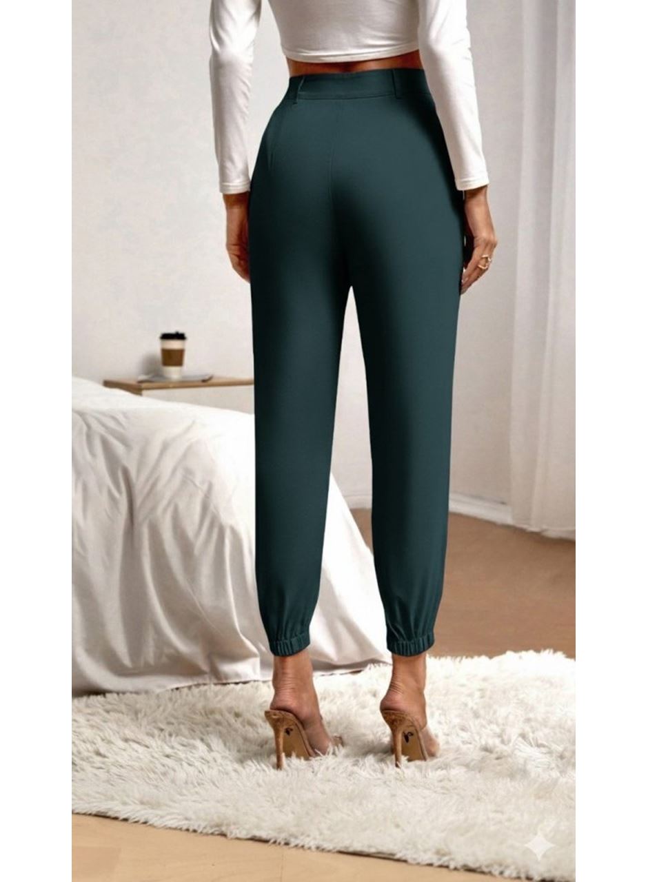 Kadın Yüksek Bel Cepli Paçası Lastikli Ithal Krep Pantolon