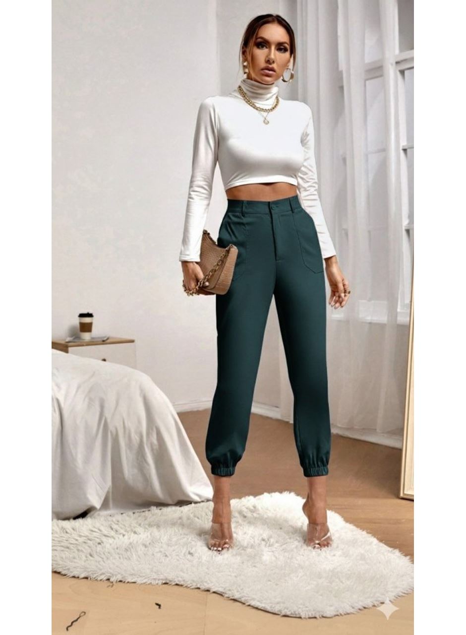 Kadın Yüksek Bel Cepli Paçası Lastikli Ithal Krep Pantolon