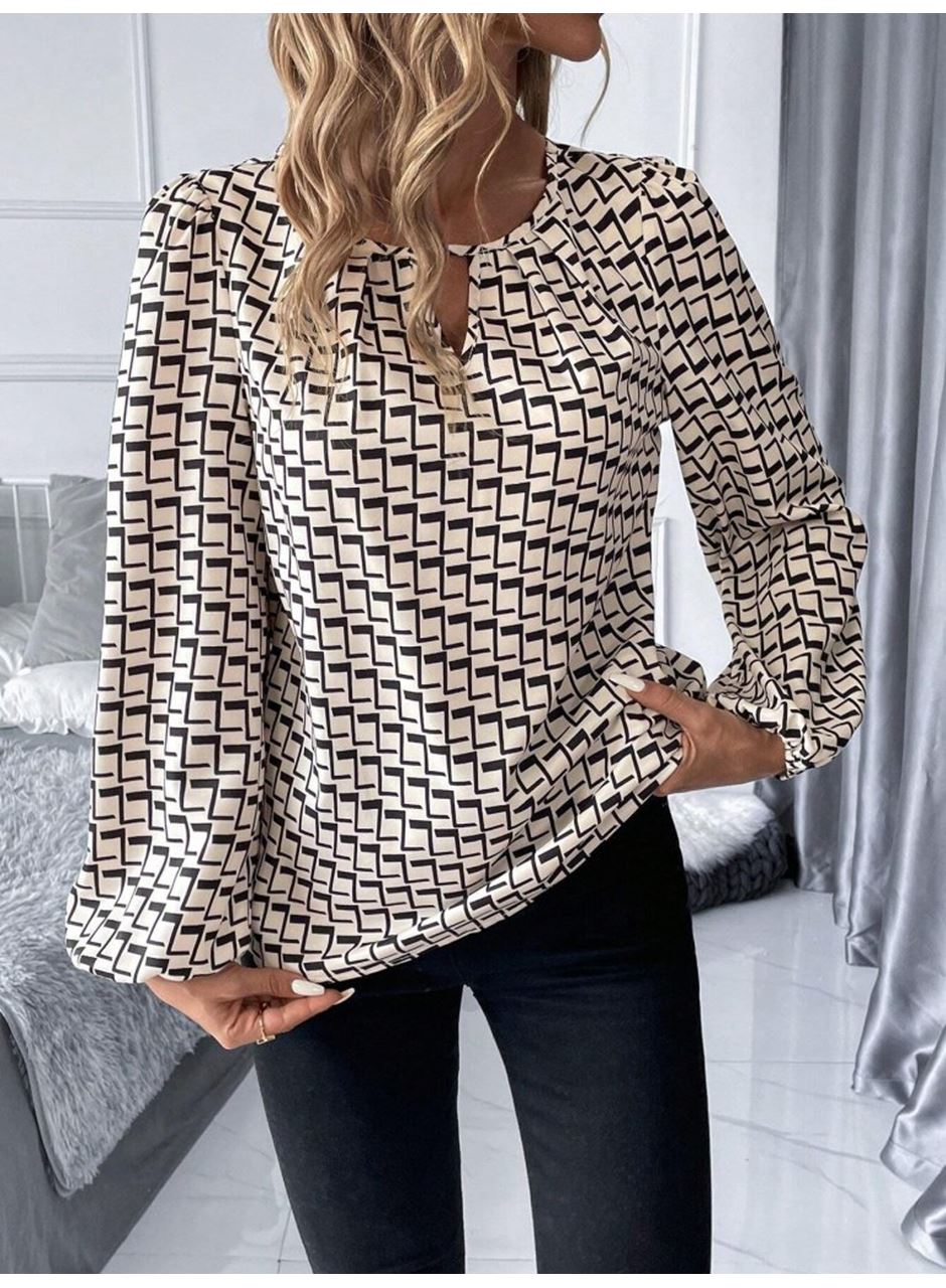 Kadın Uzun Kollu Damla Detaylı Yaka Desenli Süprem Bluz