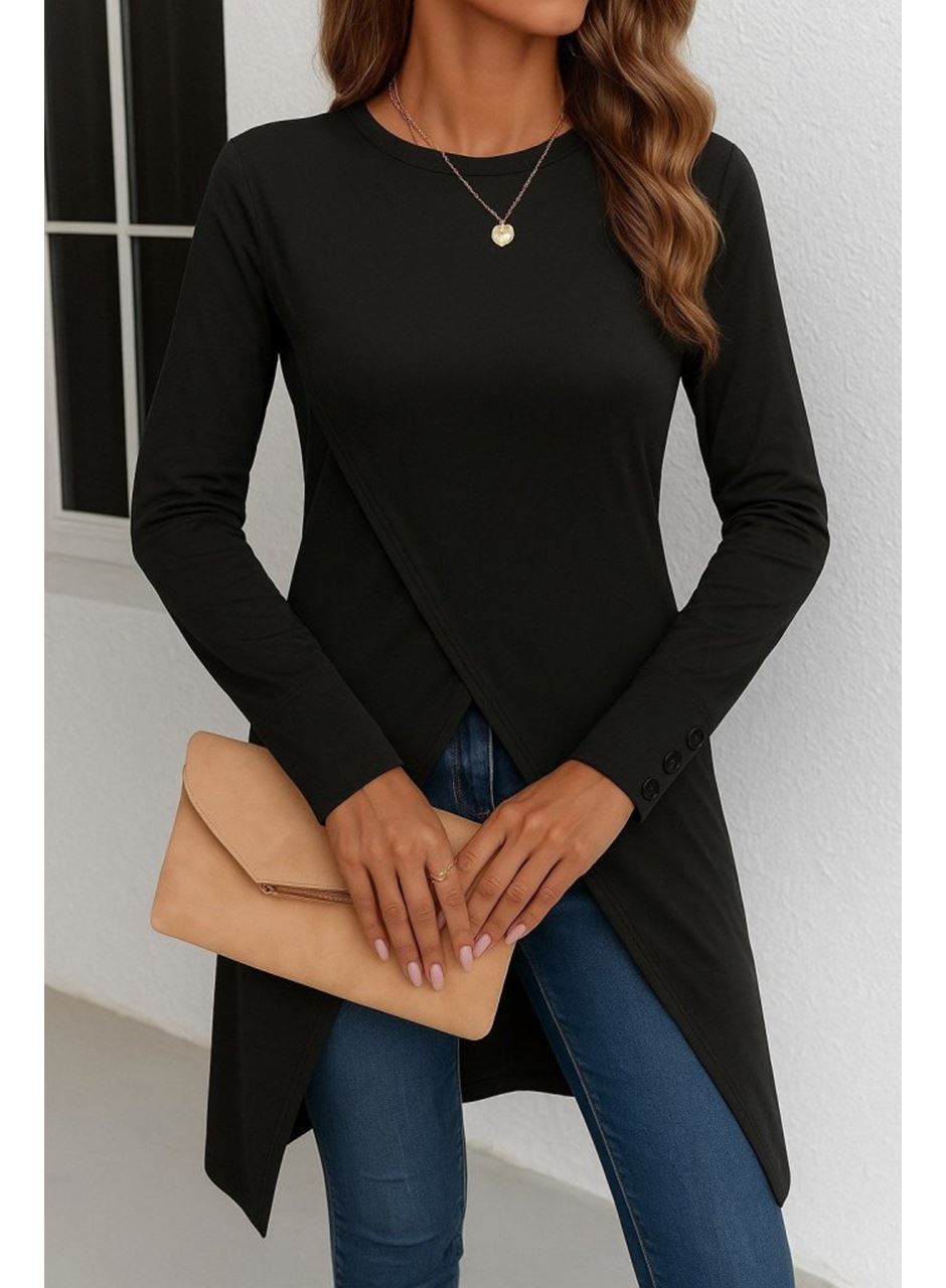 Kadın Uzun Kollu Bisiklet Yaka önden çapraz Kesim Detay Midi Viskon Bluz