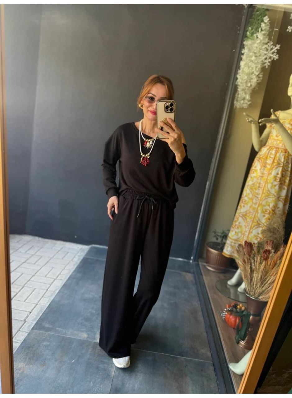 Kadın Uzun Kollu Tek Omuzdan Açık Viskon Iki Iplik Bluz Ve Pantolon Ikili Takım