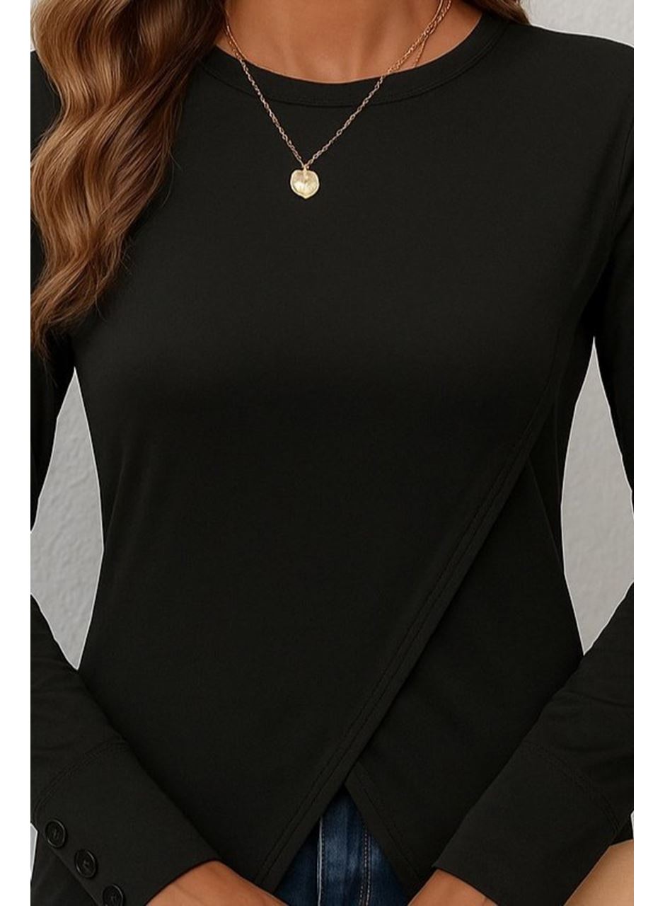 Kadın Uzun Kollu Bisiklet Yaka önden çapraz Kesim Detay Midi Viskon Bluz