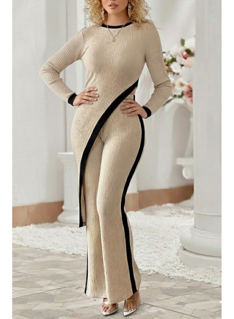 Kadın Uzun Kollu Bisiklet Yaka Asimetrik Kesim Bluz şardonlu Kaşkorse Bluz Ve Pantolon Ikili Takım