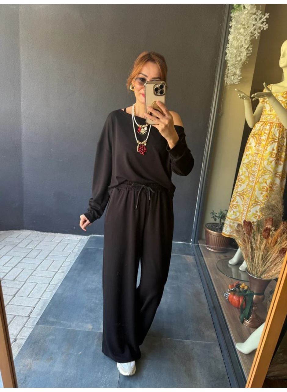 Kadın Uzun Kollu Tek Omuzdan Açık Viskon Iki Iplik Bluz Ve Pantolon Ikili Takım