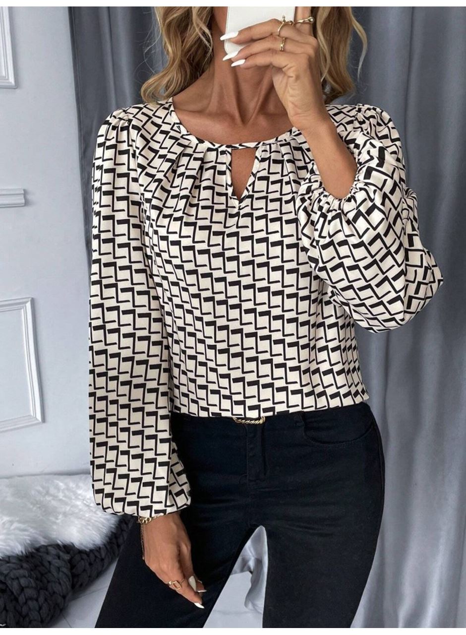 Kadın Uzun Kollu Damla Detaylı Yaka Desenli Süprem Bluz