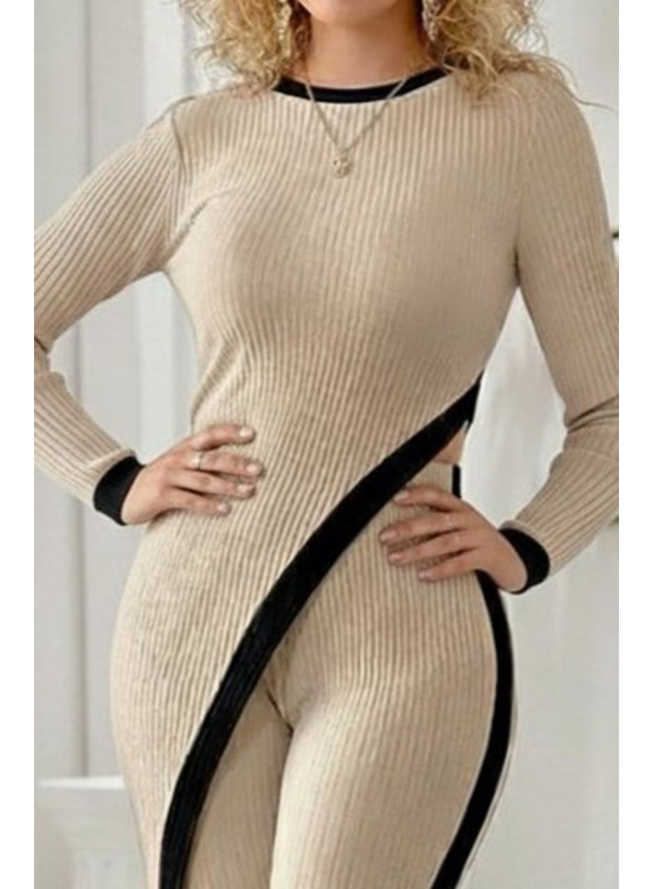 Kadın Uzun Kollu Bisiklet Yaka Asimetrik Kesim Bluz şardonlu Kaşkorse Bluz Ve Pantolon Ikili Takım