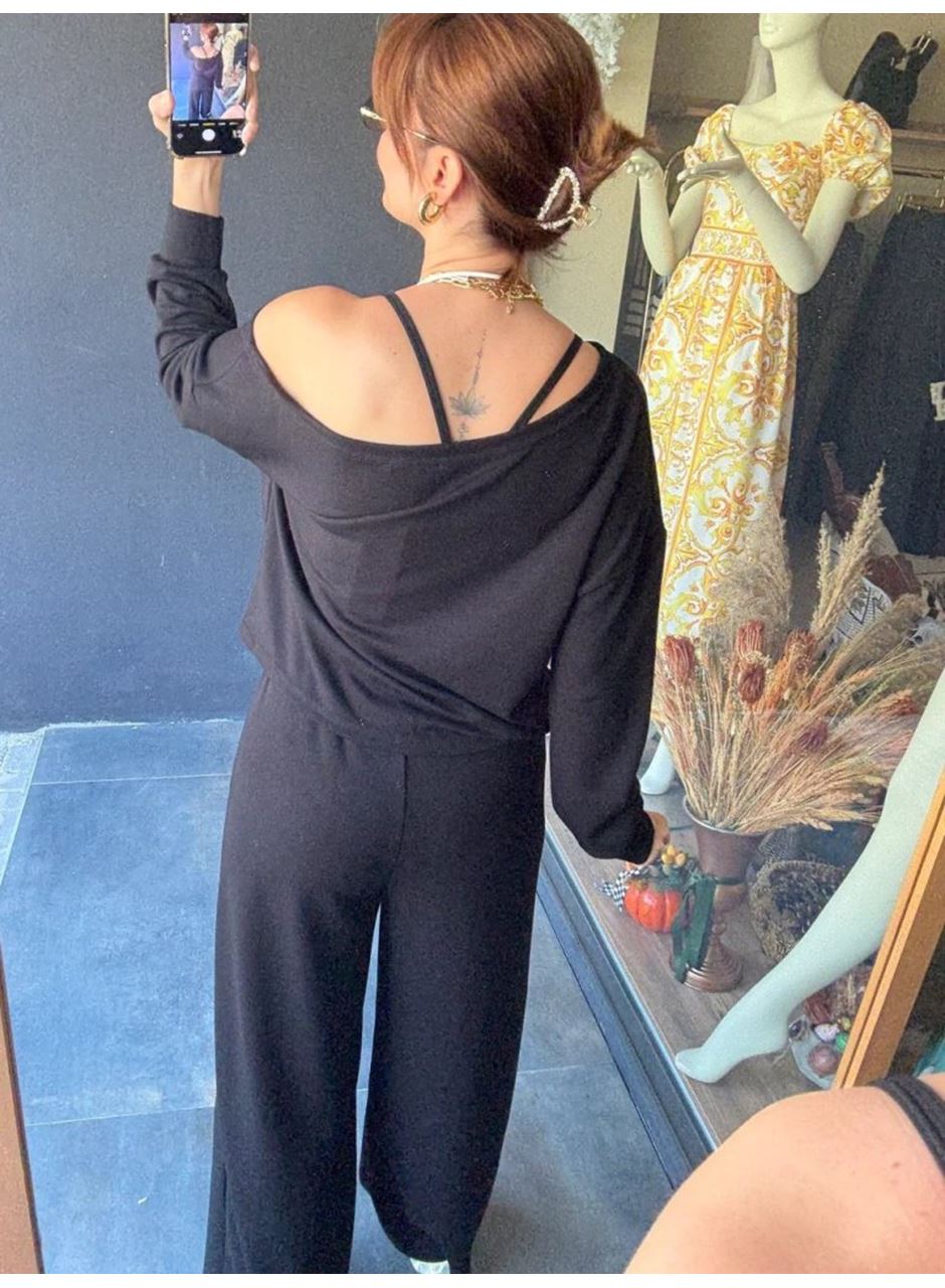 Kadın Uzun Kollu Tek Omuzdan Açık Viskon Iki Iplik Bluz Ve Pantolon Ikili Takım