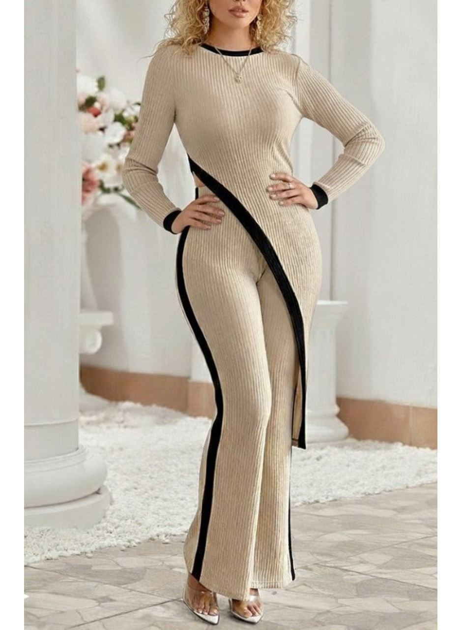 Kadın Uzun Kollu Bisiklet Yaka Asimetrik Kesim Bluz şardonlu Kaşkorse Bluz Ve Pantolon Ikili Takım