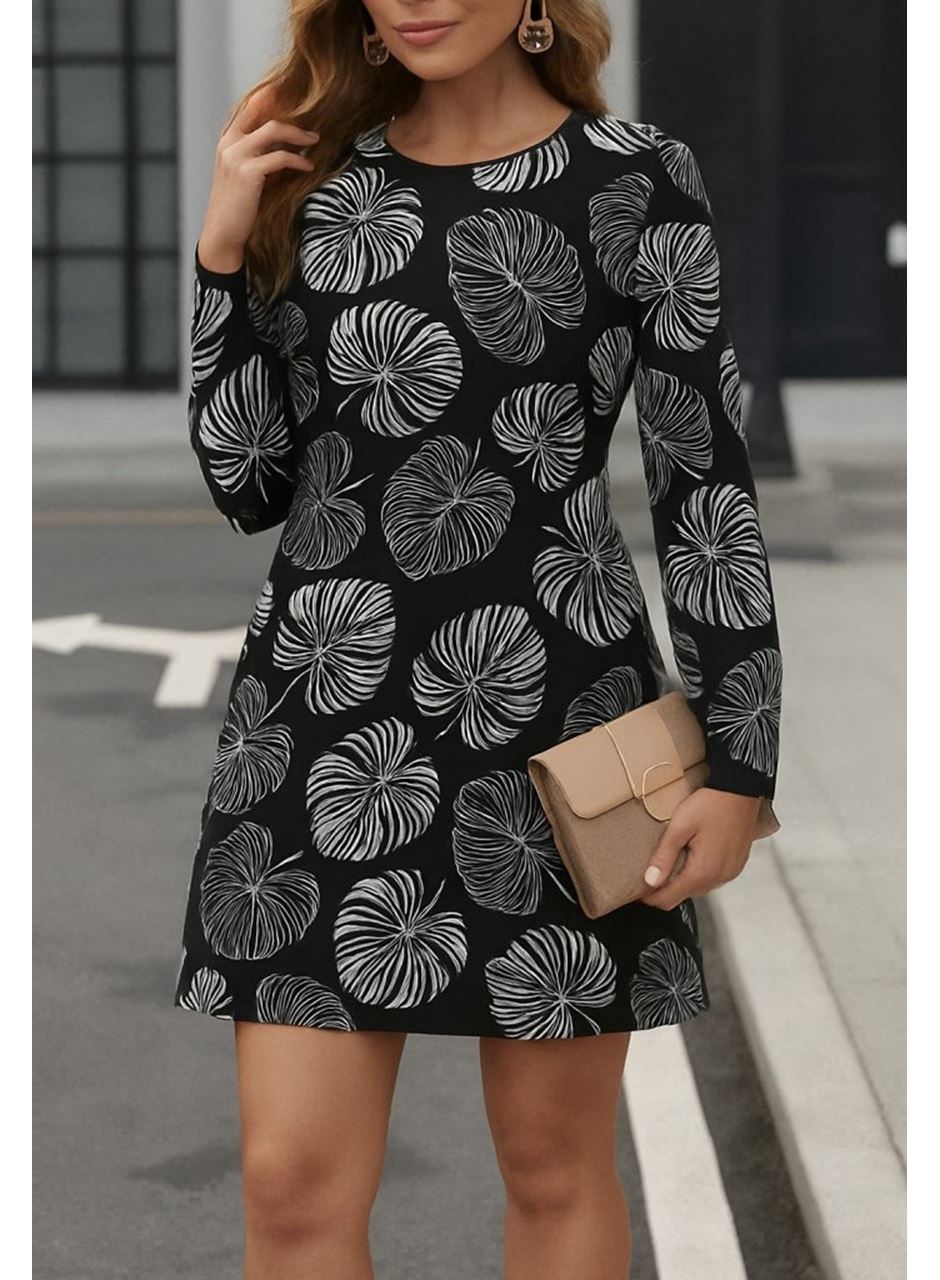 Kadın Uzun Kollu Bisiklet Yaka Desenli Kısa Krep Elbise