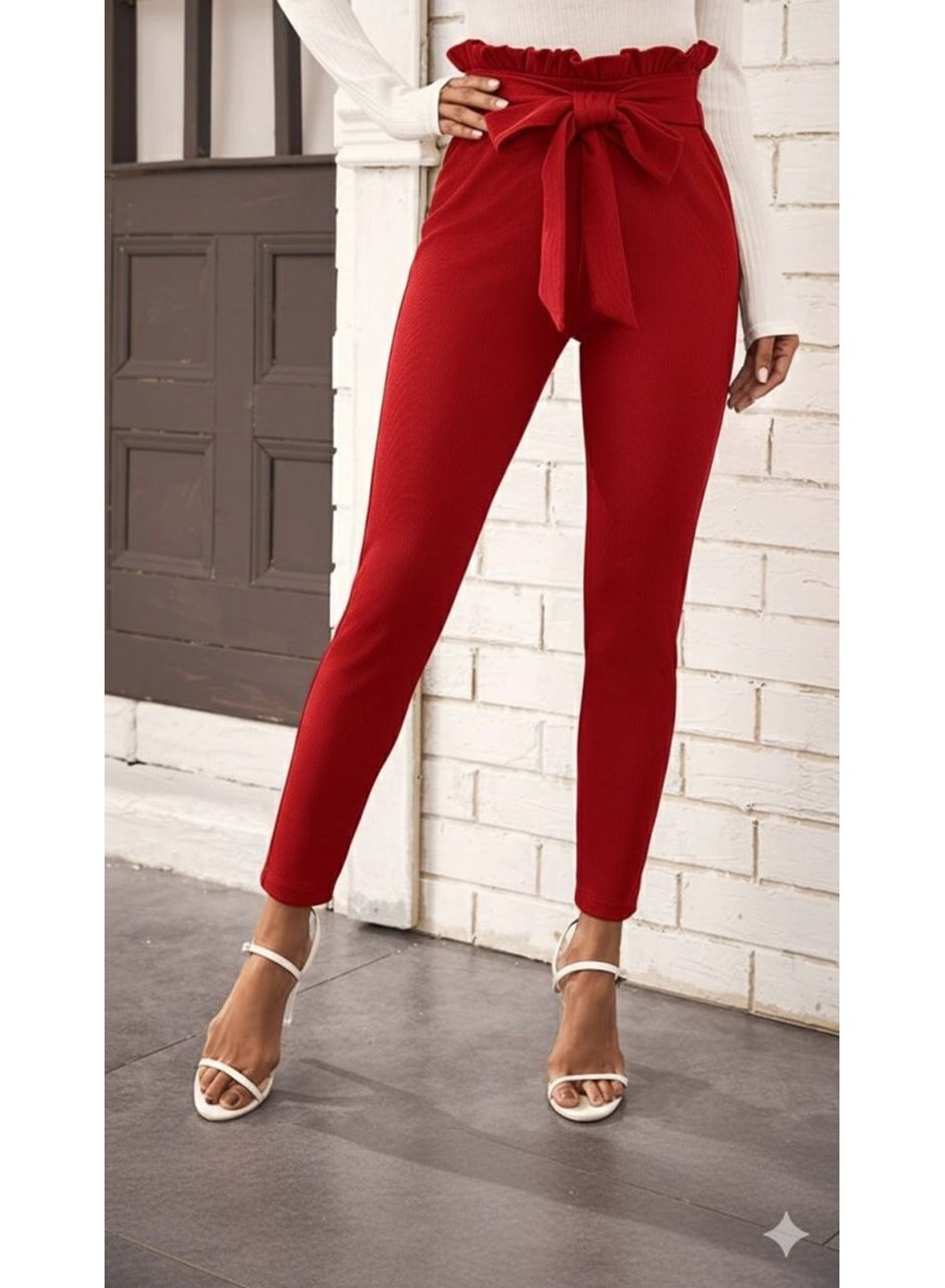 Kadın Yüksek Bel Beli Fırfırlı önden Bağlamalı Ithal Krep Pantolon