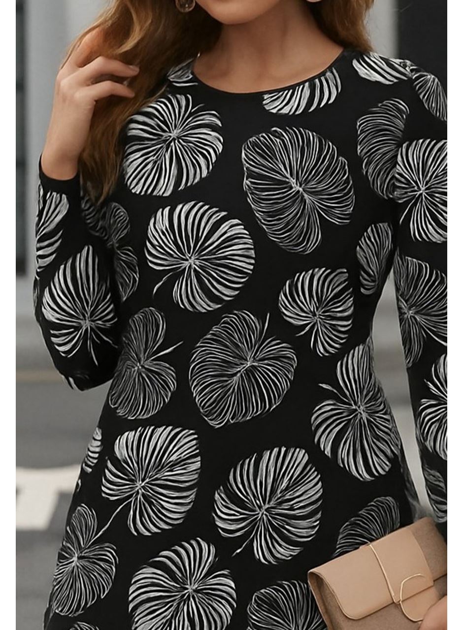 Kadın Uzun Kollu Bisiklet Yaka Desenli Kısa Krep Elbise