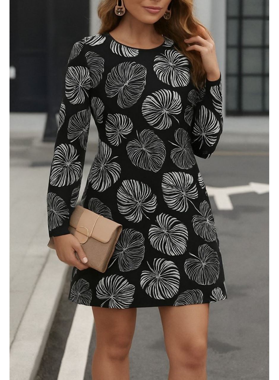 Kadın Uzun Kollu Bisiklet Yaka Desenli Kısa Krep Elbise