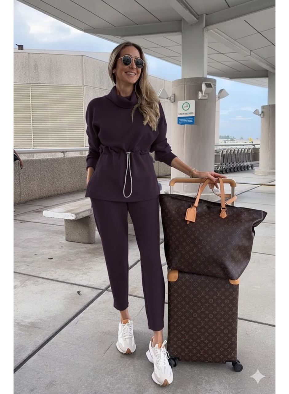 Kadın Uzun Kollu Balıkçı Yaka Belden Lastikli Modal Bluz Ve Pantolon Ikili Takım