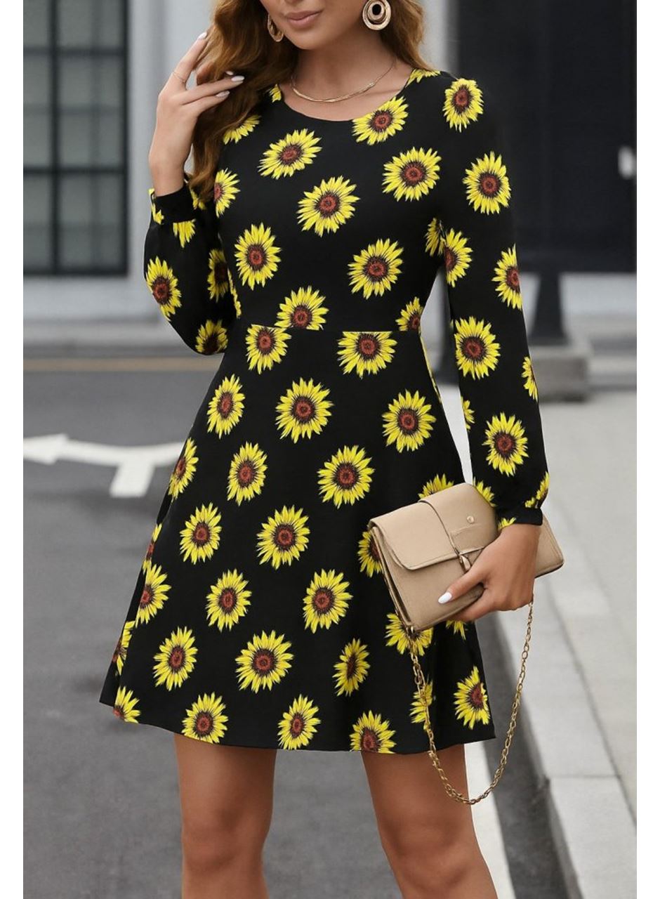 Kadın Uzun Kollu Bisiklet Yaka Desenli Kısa Krep Elbise