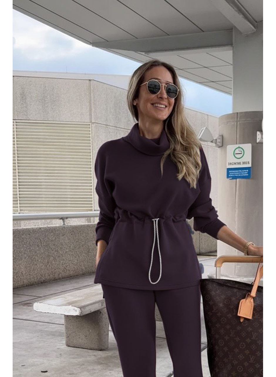 Kadın Uzun Kollu Balıkçı Yaka Belden Lastikli Modal Bluz Ve Pantolon Ikili Takım