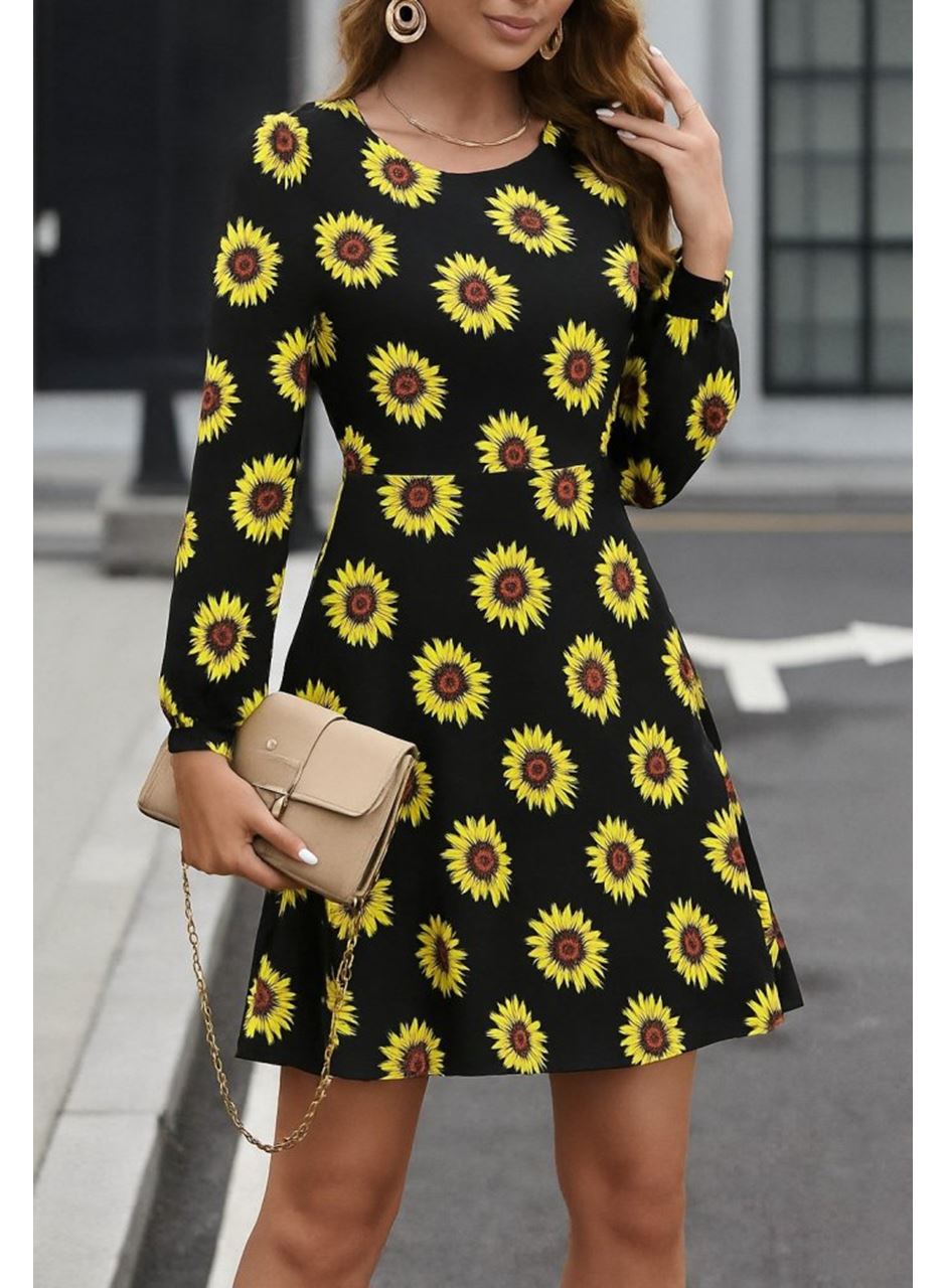 Kadın Uzun Kollu Bisiklet Yaka Desenli Kısa Krep Elbise