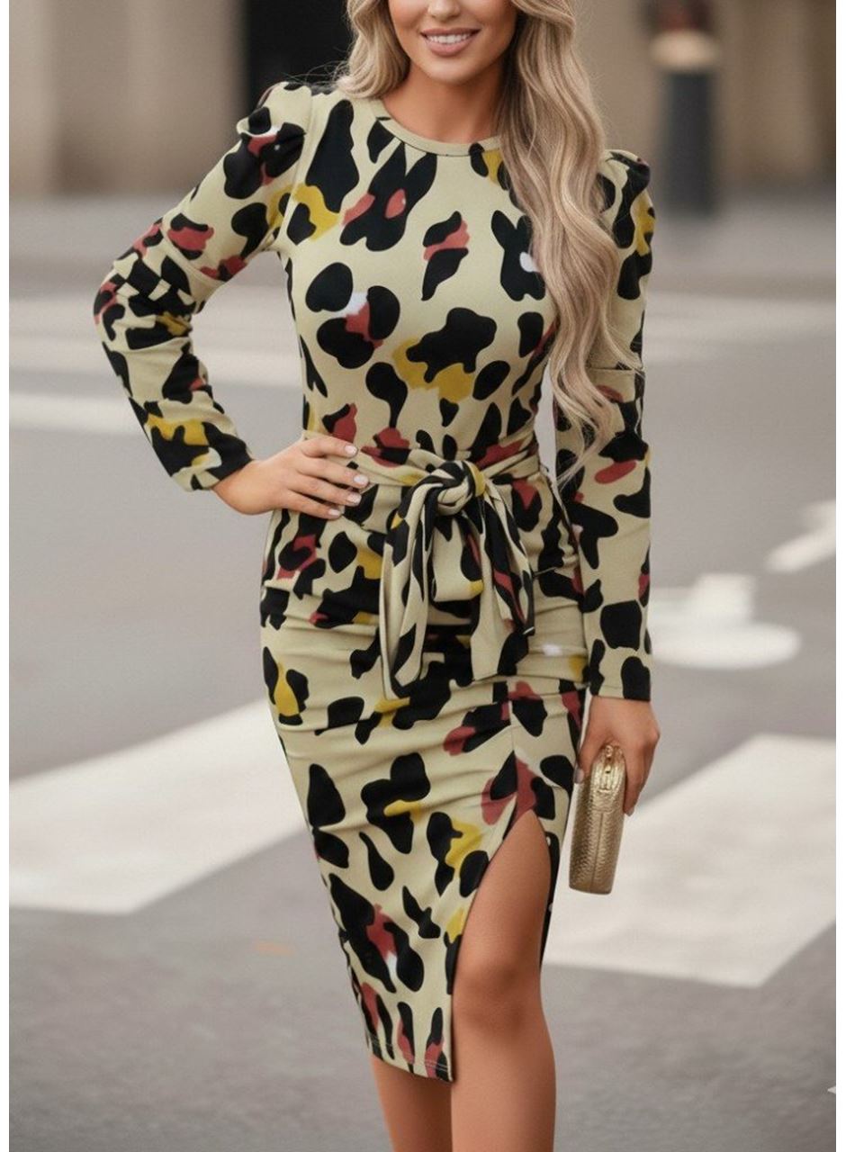 Kadın Uzun Kollu Yuvarlak Yaka Belden Kuşaklı önden Yırtmaçlı örme Krep Elbise