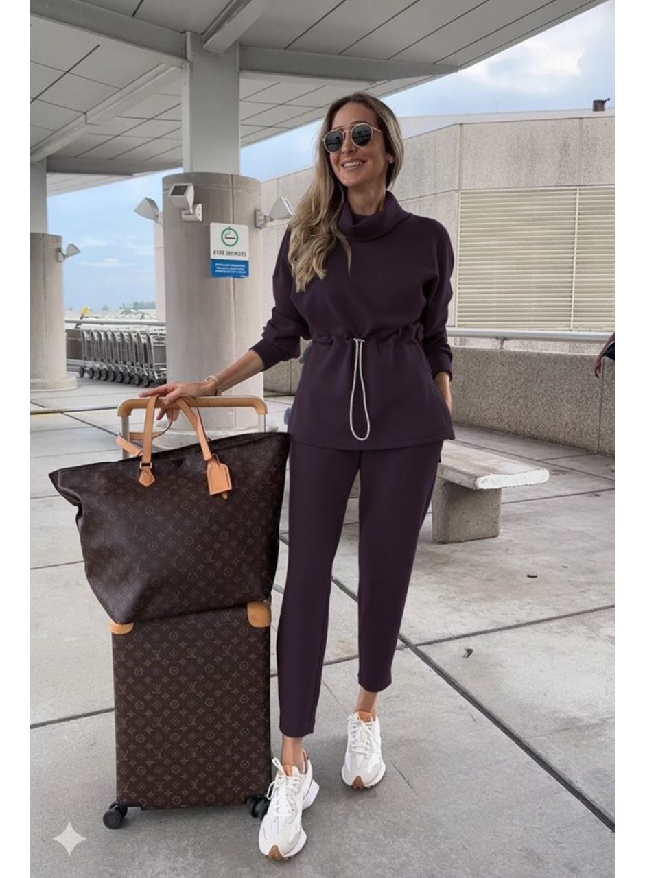 Kadın Uzun Kollu Balıkçı Yaka Belden Lastikli Modal Bluz Ve Pantolon Ikili Takım