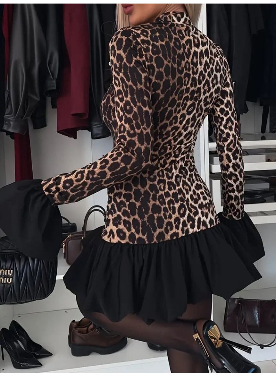 Kadın Uzun Kollu Bisiklet Yaka Leopar Desenli üst Modal Alt Trikoton Mini Elbise