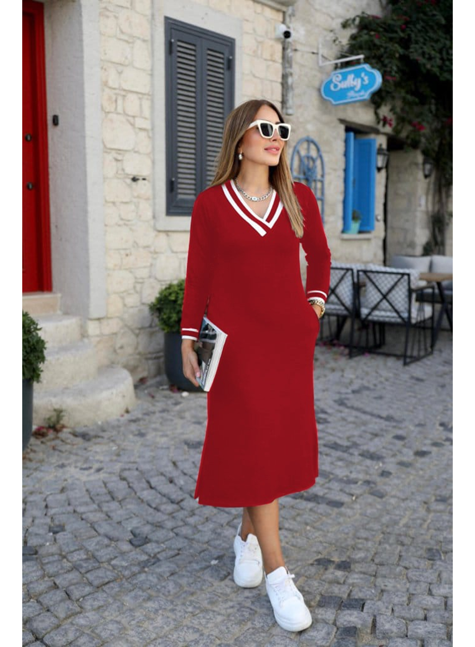 Kadın Uzun Kollu V Yakalı Yandan Yırtmaçlı Iki Iplik Midi Elbise