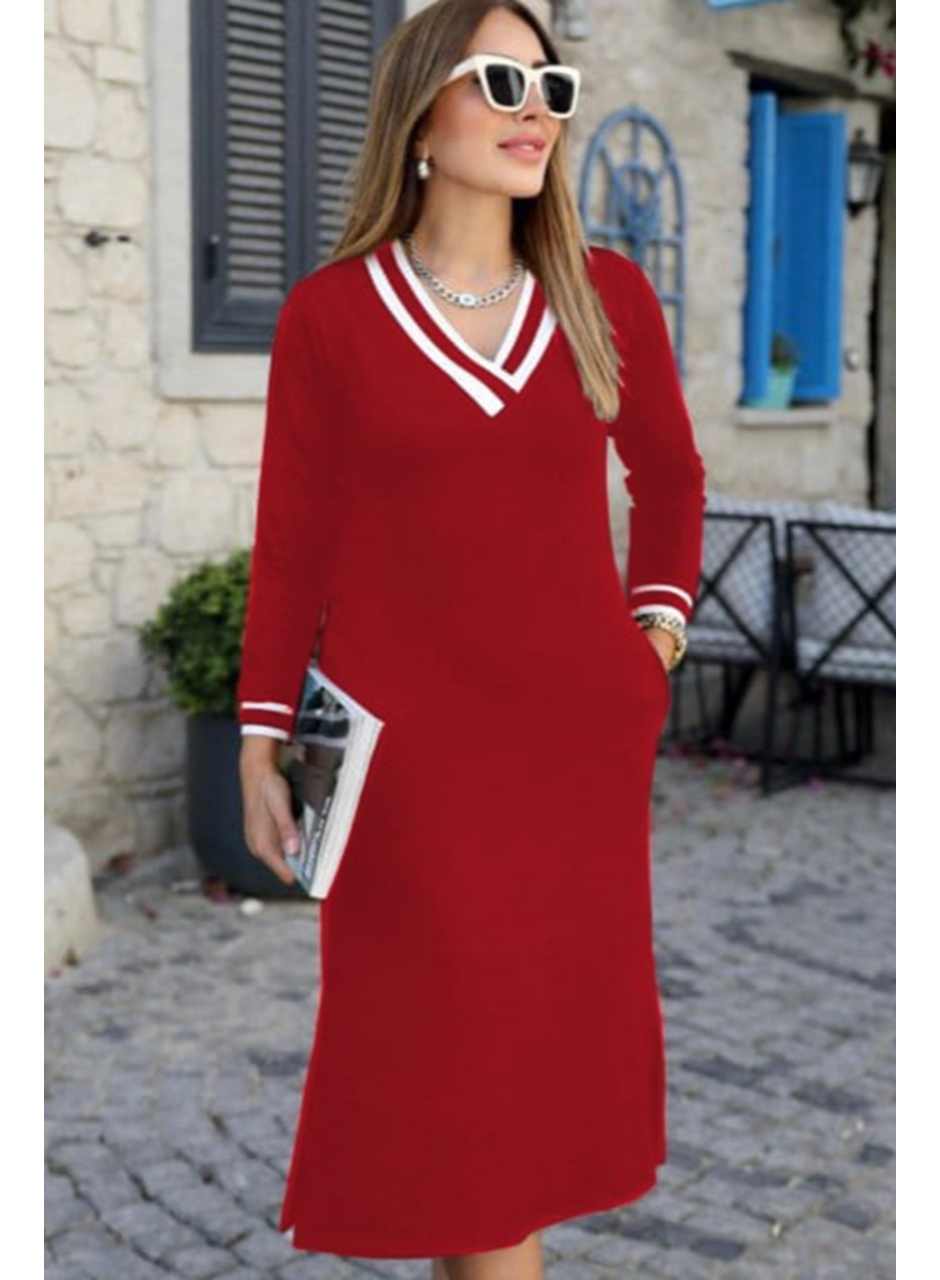 Kadın Uzun Kollu V Yakalı Yandan Yırtmaçlı Iki Iplik Midi Elbise