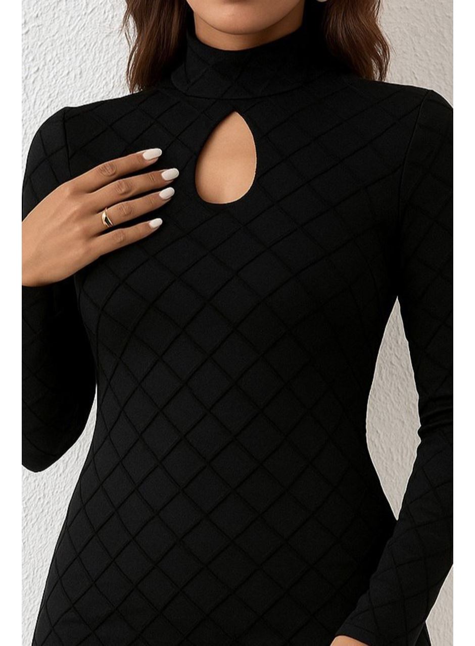 Kadın Uzun Kollu Damla Detay Flok Baskı Dalgıç Mini Elbise