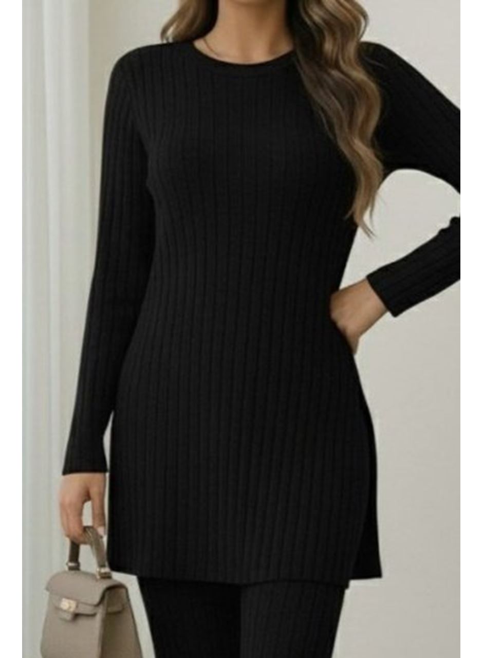 Kadın Uzun Kollu Yuvarlak Yaka Yandan Yırtmaç Detaylı şardonlu Kaşkorse Bluz Ve Pantolon Ikili Takım