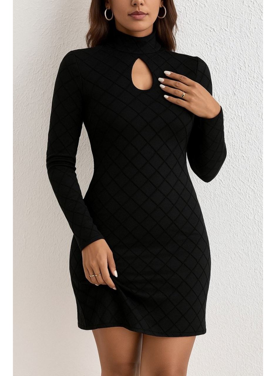 Kadın Uzun Kollu Damla Detay Flok Baskı Dalgıç Mini Elbise