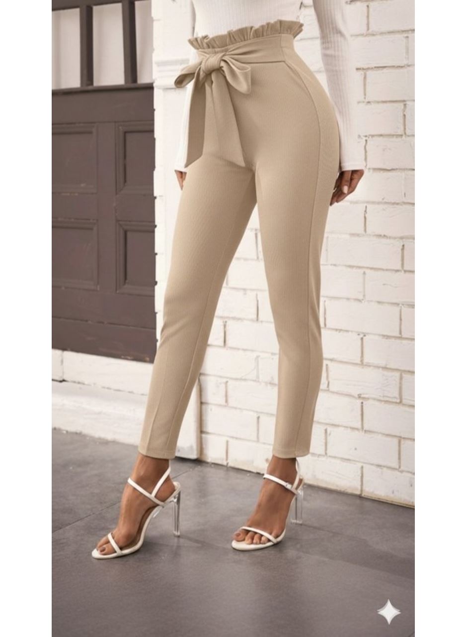 Kadın Yüksek Bel Beli Fırfırlı önden Bağlamalı Ithal Krep Pantolon