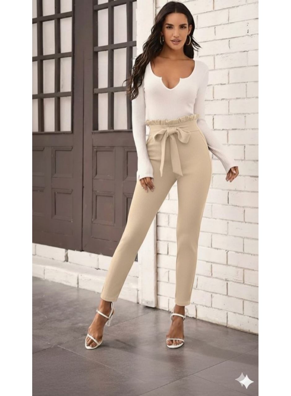 Kadın Yüksek Bel Beli Fırfırlı önden Bağlamalı Ithal Krep Pantolon