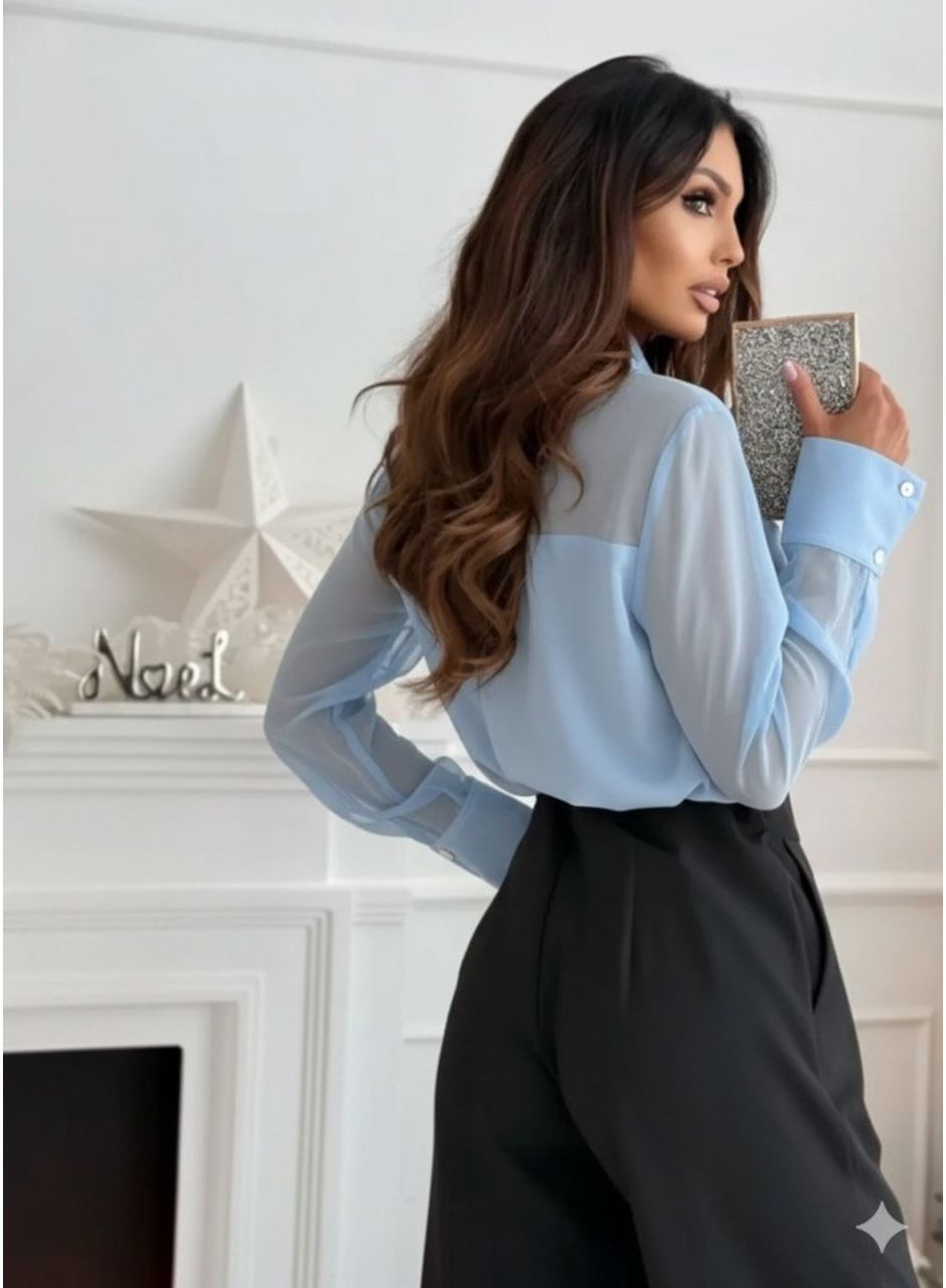 Kadın Uzun Kollu Yakalı önden Düğmeli Tül Detaylı Dokuma Viskon Bluz