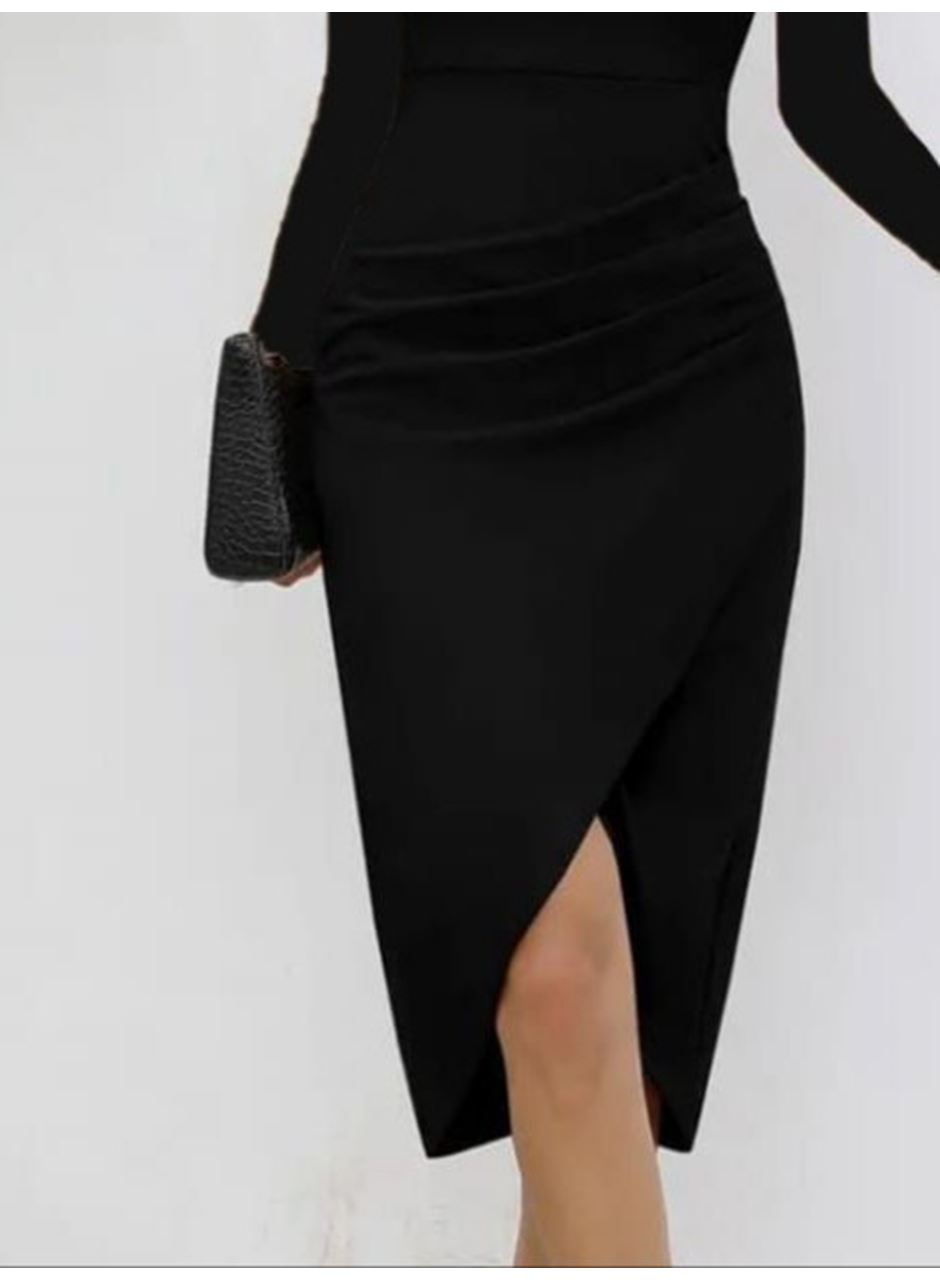 Kadın Uzun Kollu Kalp Yaka önden çapraz Detaylı Midi Ithal Krep Elbise