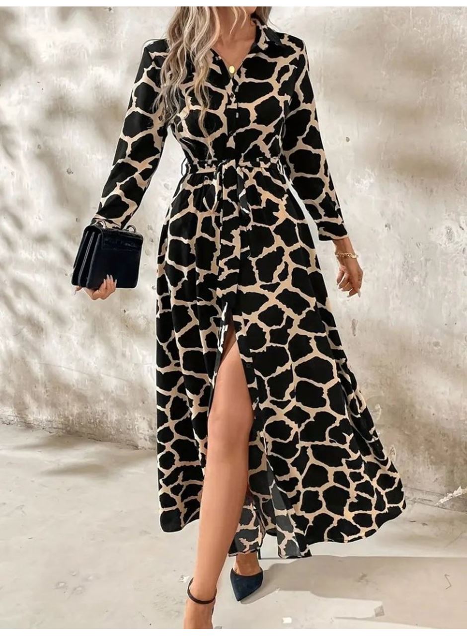 Kadın Uzun Kollu Yakalı önü Düğmeli Desenli Belden Kuşaklı Uzun Süprem Elbise