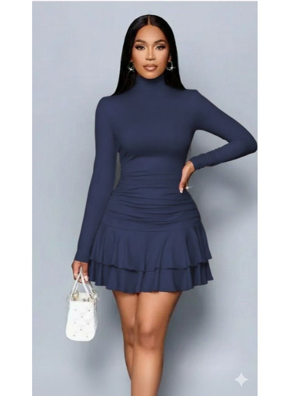 Kadın Uzun Kollu Balıkçı Yaka Mini Fırfırlı Sandy Elbise