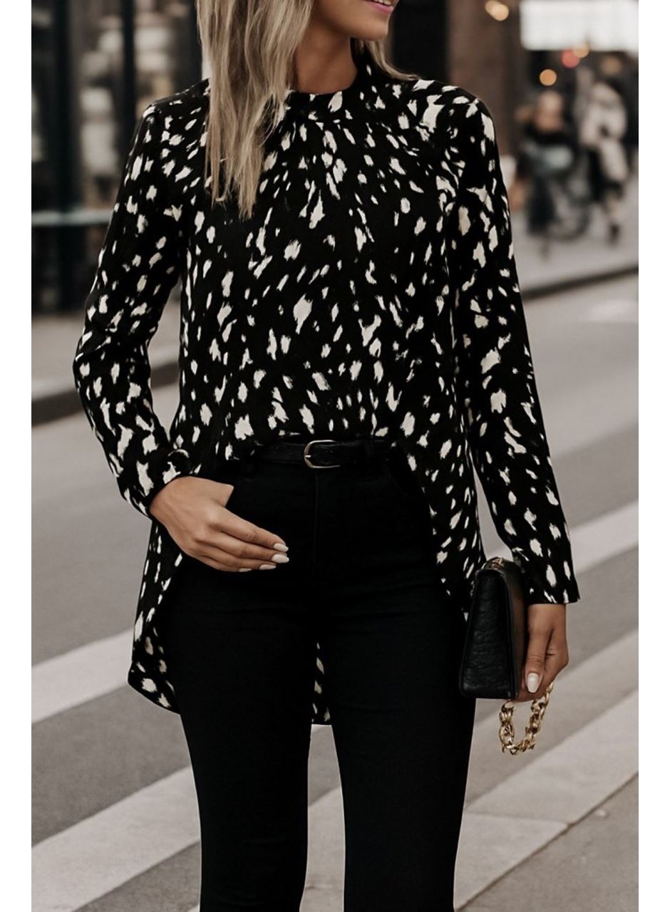 Kadın Uzun Kollu Yarı Balıkçı Yaka Desenli Dokuma Bluz