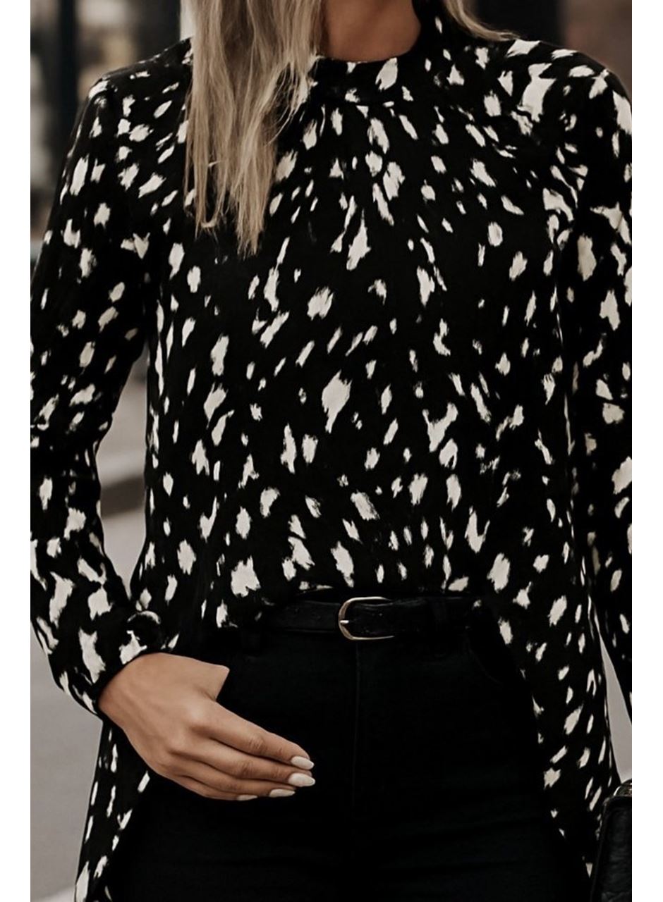 Kadın Uzun Kollu Yarı Balıkçı Yaka Desenli Dokuma Bluz