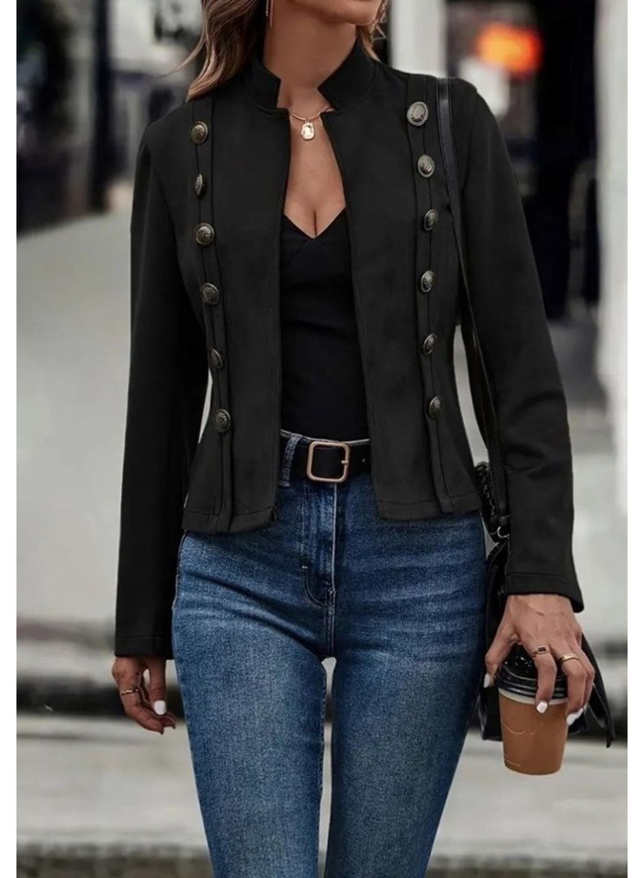 Kadın Uzun Kollu Hakim Yaka Yanlardan Düğmeli Kısa Süet Ceket