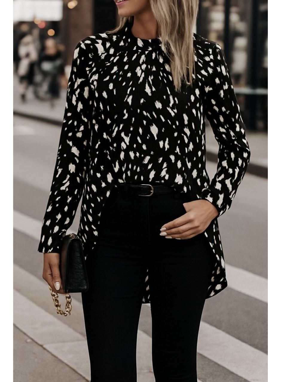 Kadın Uzun Kollu Yarı Balıkçı Yaka Desenli Dokuma Bluz