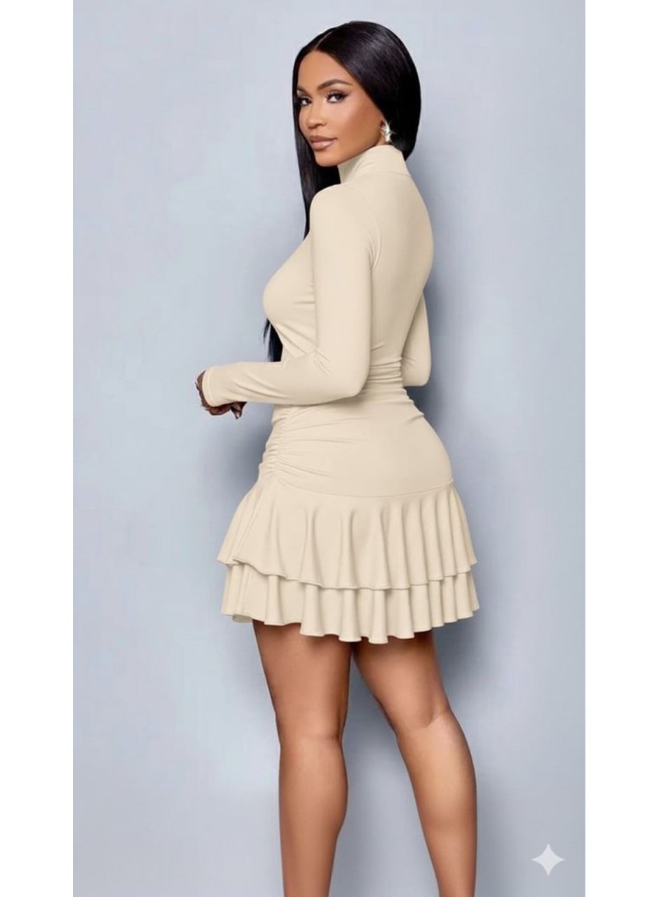 Kadın Uzun Kollu Balıkçı Yaka Mini Fırfırlı Sandy Elbise