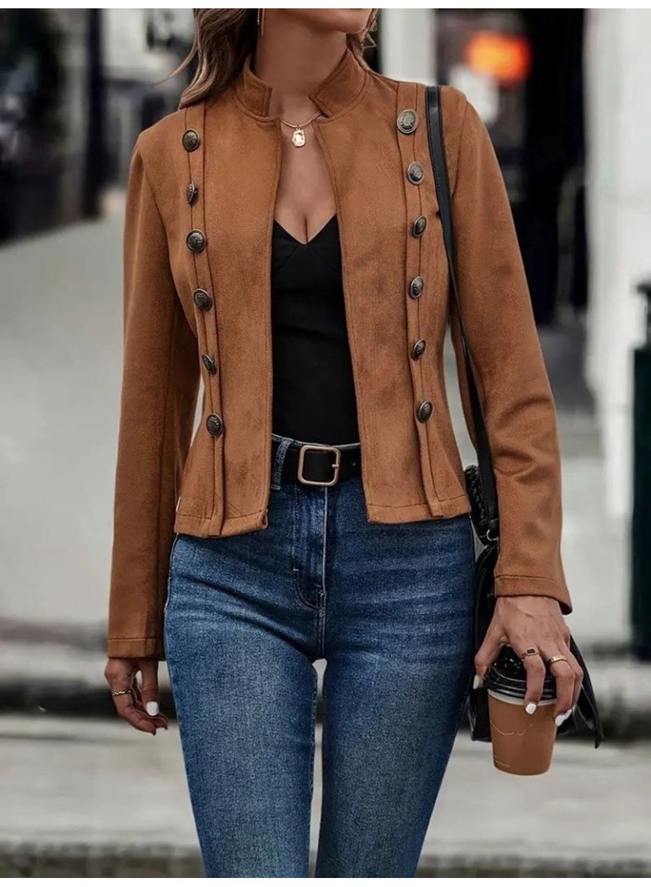 Kadın Uzun Kollu Hakim Yaka Yanlardan Düğmeli Kısa Süet Ceket