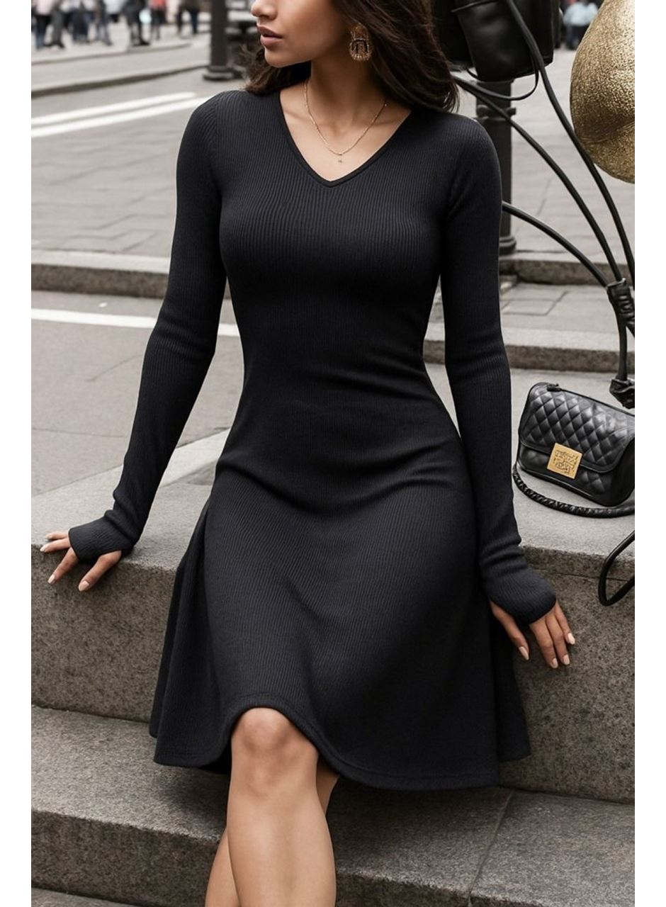 Kadın Uzun Kollu Bisiklet Yaka Kısa Kaşkorse Elbise