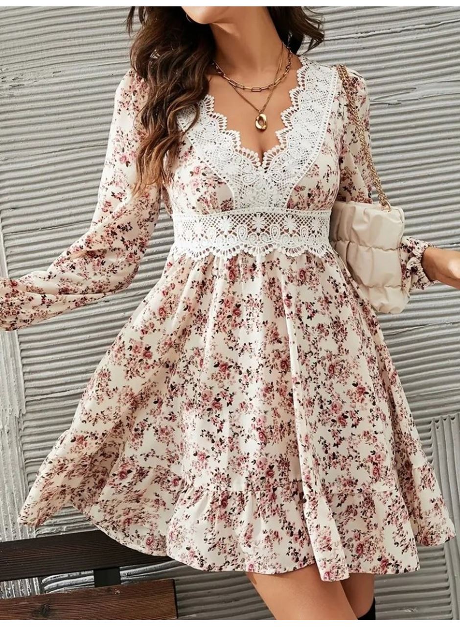 Kadın Uzun Kollu Dantel V Yakalı Mini Desenli Süprem Elbise