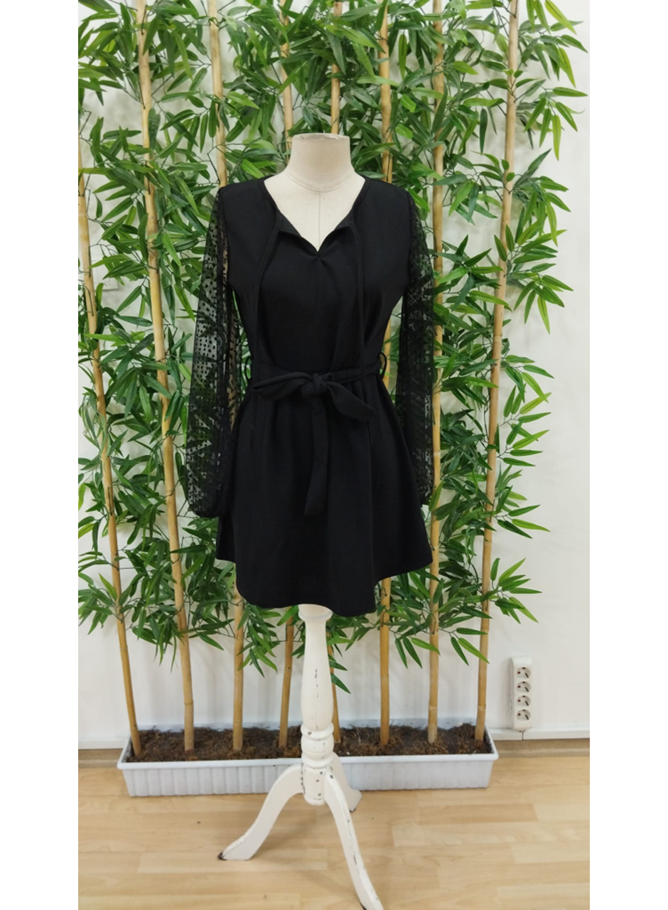 Kadın Uzun Kollu Yakadan Bağcıklı Belden Kuşaklı Ithal Krep Elbise