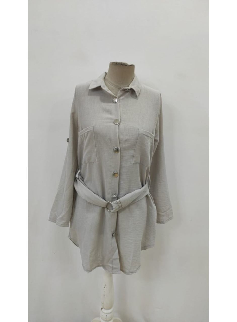 Kadın Uzun Kollu Yakalı önden Düğmeli Beli Kuşaklı Mini Ithal Keten Elbise