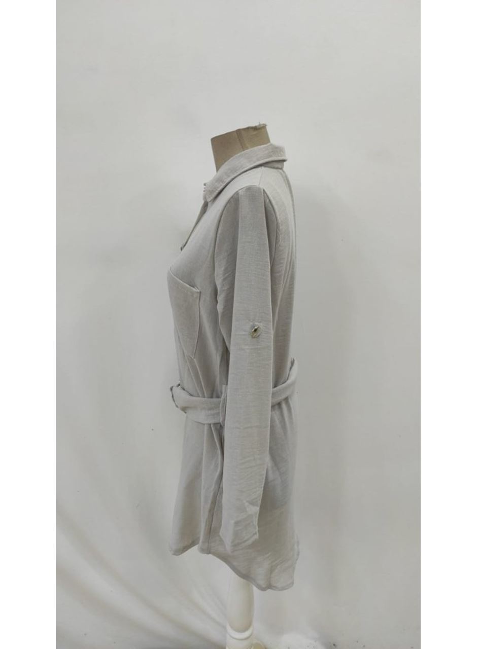 Kadın Uzun Kollu Yakalı önden Düğmeli Beli Kuşaklı Mini Ithal Keten Elbise