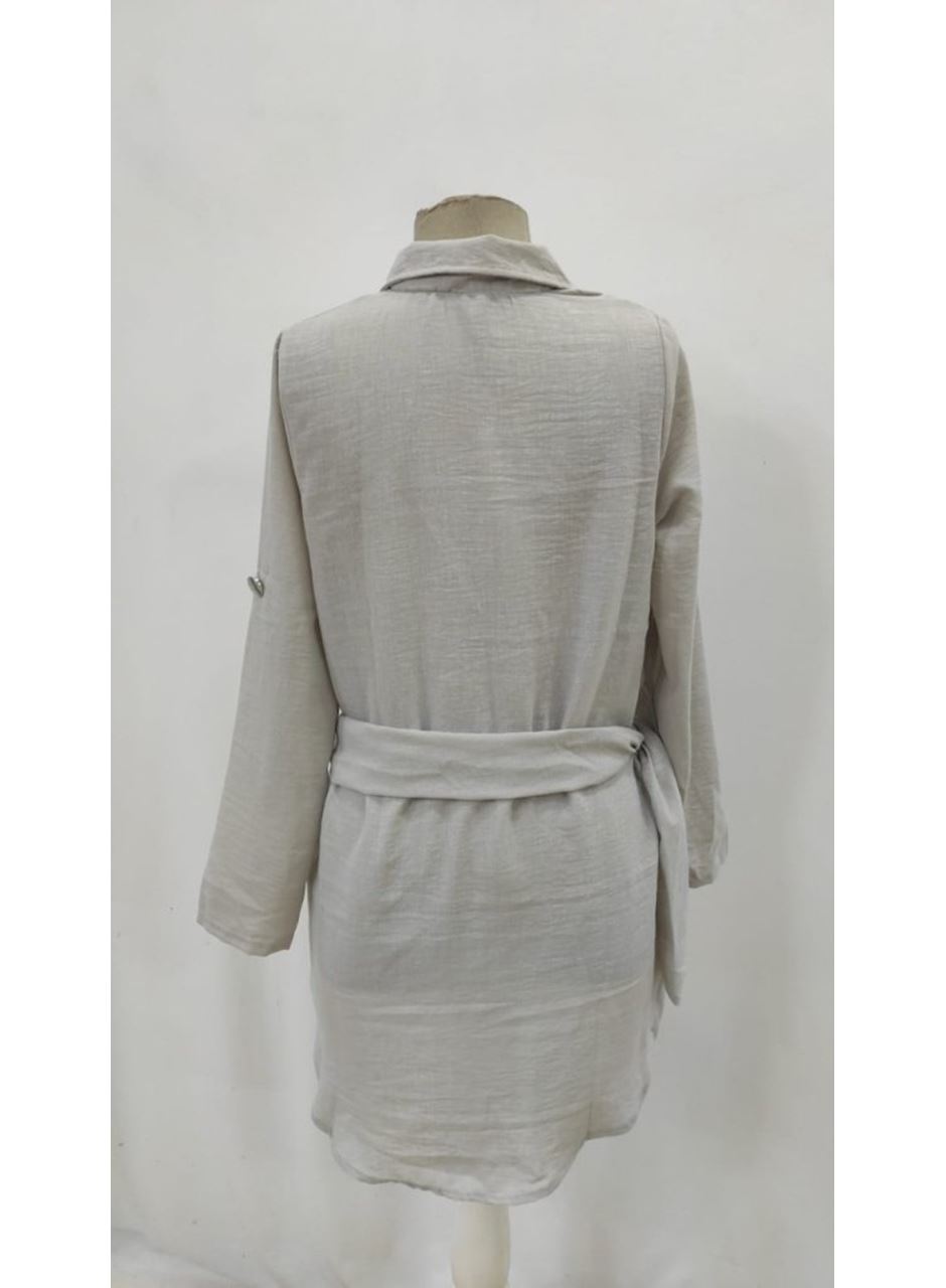 Kadın Uzun Kollu Yakalı önden Düğmeli Beli Kuşaklı Mini Ithal Keten Elbise